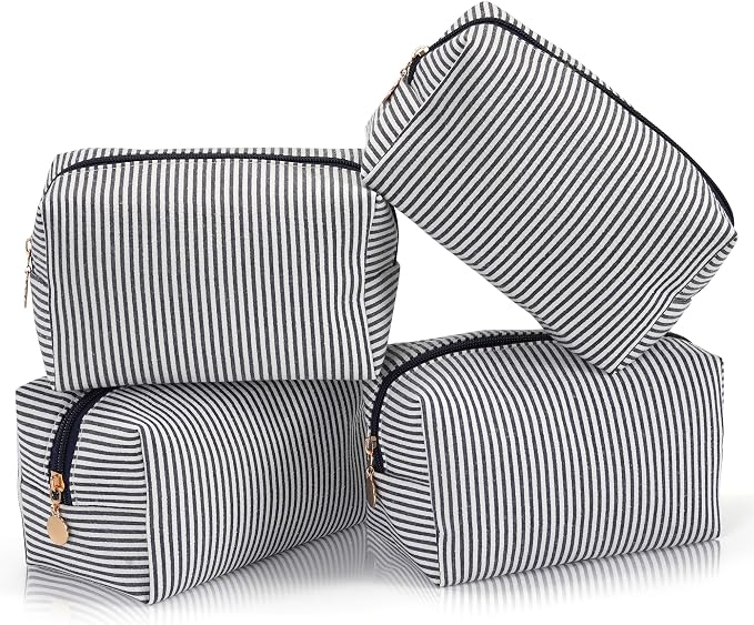Makeup Bag Set for Women, 4PCS Travel Cosmetic Bags Pencil Case, Striped Seersucker Toiletry Organizer Pouches, Cute Makeup Pouch for Purse, Accessories and Gifts, Navy