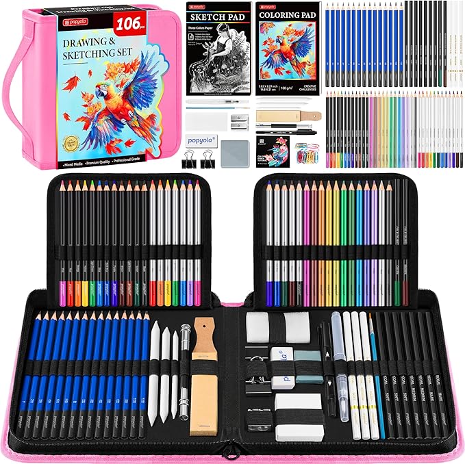 106 Pack Art Supplies Sketching Kit with 3-Color Sketchbook, Coloring Book, Tutorial, Graphite Colored Charcoal Watercolor & Metallic Pencils, Drawing Supplies Gift Case for Artists Beginners Adults