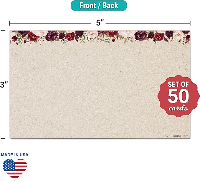 321Done Red Rose Floral Index Cards - Blank, No Lines - (50) Small 3x5 Kraft Cards - For Studying, Learning, Flashcards, Desk Notes, Messages, Notecards, Card Making - Cute, Pretty - Made in the USA