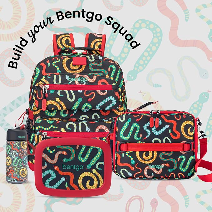Bentgo Kids Print Backpack - Lightweight 14” Backpack for School, Travel & Daycare, Ideal for Ages 4+, Durable & Water-Resistant, Roomy Interior, & Loop for Lunch Bag (NEW Sssnakes)