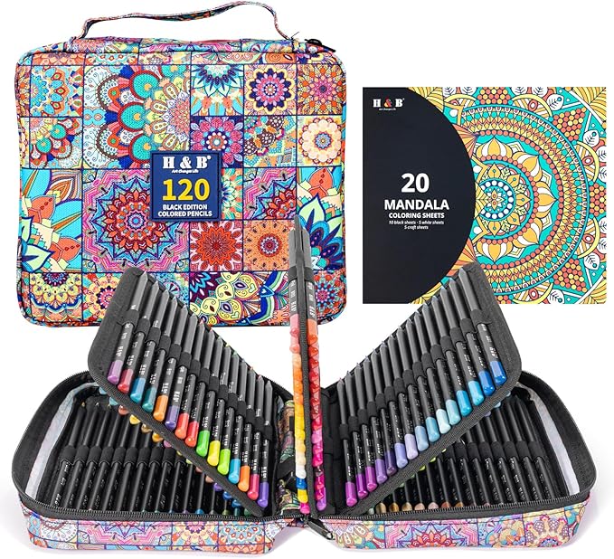H & B 120-Color Black Wood Colored Pencils Set with Coloring Book, Eraser, Sharpener - Adult Drawing and Coloring - Artist-Grade Soft Oil-Based Cores - Works on Black Paper