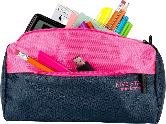 Five Star Pencil Pouch, Pen Case, 9-Pocket Zipper Pouch, Storage Organizer for School Supplies Earbuds Chargers Cables Makeup, Navy/Pink (505600B-ECM)