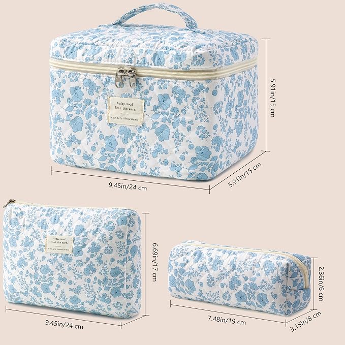 HBselect Quilted Makeup Bag, 3Pcs Cotton Large Travel Makeup Bags Organizer | Cute Floral Make up Bag Cosmetic Bag Toiletry Bag for Women Girls, Makeup Pouch for Skincare, Brushes & Travel Essentials