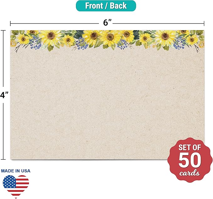 321Done Floral Sunflower Index Cards - (50) 4x6 Cards Kraft - Blank, No Lines - For Studying, Learning, Flashcards, Desk Notes, Messages, Notecards, Card Making - Cute, Pretty, Fancy - Made in USA