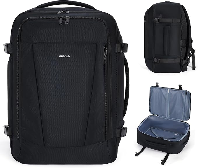 ECOHUB Extra Large Travel Backpack Carry on Backpack for Airplanes Black | 19.5x13x8 Laptop Backpack TSA Friendly 30L Backpack fits 17.3" Computer Airplane Travel Essentials Water Resistant Back pack