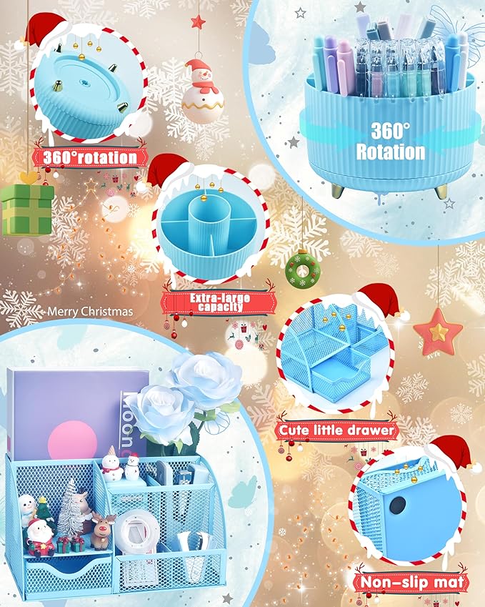 20Pcs Blue Desk Organizers and Accessories With Mesh Desk Organizer and 360°Rotating Pen Holder and a Lot of Office Blue Office Supplies Beautifully Presented in a Gift Box