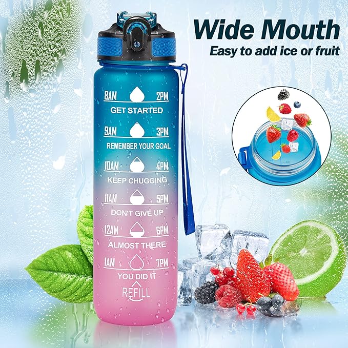 YC Kitchen Motivational Water Bottle with Time Marker - 32oz, Leak-proof BPA Free Sports Water Bottles with Straw & Carrying Strap