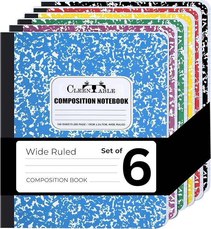 CLEENTABLE Composition Notebook 6 Pack, Wide Ruled Paper, Marble Cover Notebooks for School, 9.75 x 7.5 Inches, 100 Sheets (200 Pages), Sewn Binding Comp Books, Multicolor
