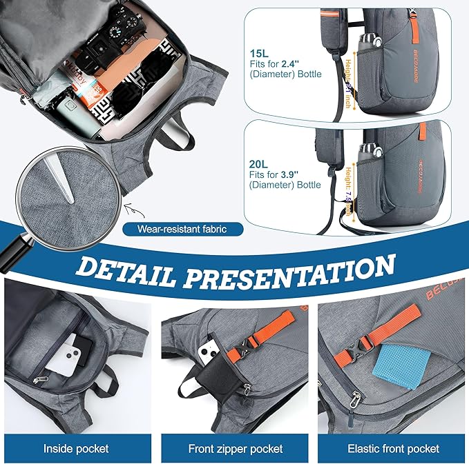 BECOJADDE 20L Small Hiking Backpack for Men Women Foldable Packable Back Pack Ultralight Hiking Daypack for Travel Camping Outdoor, Gray