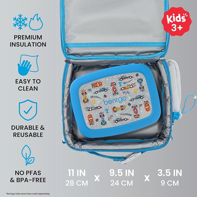 Bentgo Kids Prints Double-Insulated Reusable Lunch Bag | For Kids 3+, Adjustable Strap; Holds Lunch Box/Water Bottle/Snacks; Easy-Clean, Water-Resistant, Pockets (NEW Race Cars)