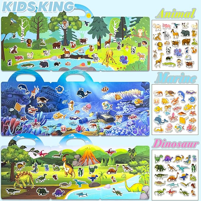 Reusable Sticker Books for Toddlers 1-3, Puffy Stickers Book for Kids Ages 2-4, Toddler Travel Toys for Birthday Christmas - Animal, Marine, Dinosaur, Traffic, Space, Organ (6 Set)