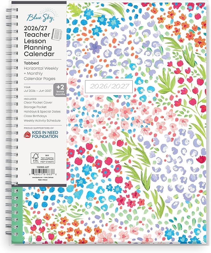 Blue Sky 2026-2027 Weekly and Monthly Academic Year Teacher Lesson Planner Calendar, July 2026 - June 2027, 8.5" x 11", Clear Pocket Cover, Wirebound, Laminated Tabs, Storage Pocket, Ditsy Dapple Light
