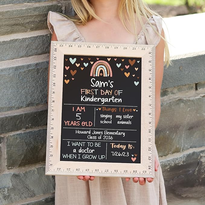 First Day of School Sign (11.5"x15"), Reusable Chalkboard, Easy to Clean with Real Wooden Ruler Frame, Perfect for Back to School, First Day of Kindergarten (Rainbow Hearts Earthy)