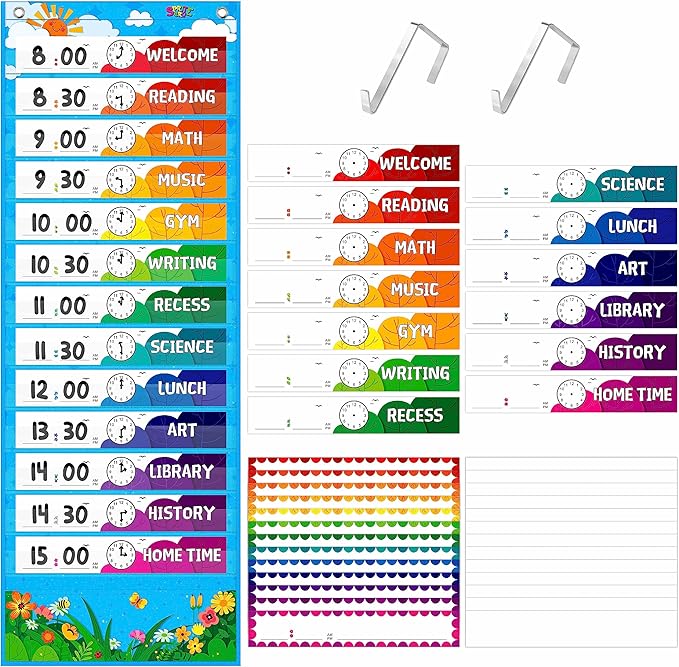 Daily Schedule Pocket Chart, Classroom Chart with 13+1 Pockets, 26 Reusable Cards (13 Double Sided Printed Cards & 13 Blank Ones) plus 2 Metal Mounting Hangers (Blue Sky, 13” x 36”)