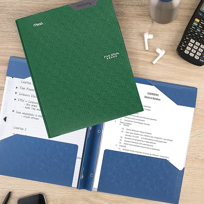 Five Star 2-Pocket Folder, Plastic Folder with Stay-Put Tabs and Prong Fasteners, Holds 8-1/2" x 11" Paper, Forest Green (72111)