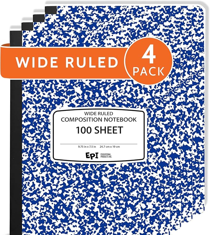 4 Pack - EPI Wide Ruled Marble Composition Notebook - Blue 200 Page Note Book - 9.75 x 7.5 Inch Hardcover Journal with Sewn Binding for Secure Pages - Classroom Back to School Supplies