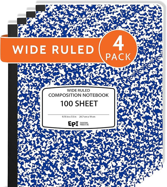 4 Pack - EPI Wide Ruled Marble Composition Notebook - Blue 200 Page Note Book - 9.75 x 7.5 Inch Hardcover Journal with Sewn Binding for Secure Pages - Classroom Back to School Supplies