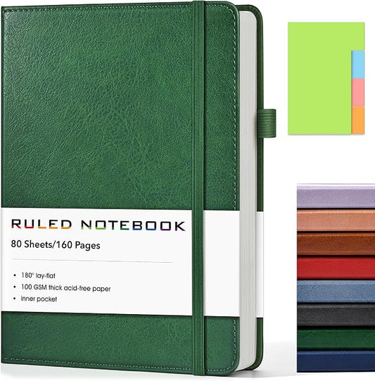 Lined Journal Notebook, A5 Hardcover Leather Journals for Writing, 160 Numbered Pages, 5.7'' x 8.3'' Journaling Notebooks for Men Women, Thick Paper College Ruled Journal for Work Office School, Green