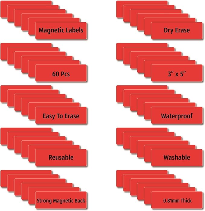 IMAGAME Magnetic Dry Erase Magnets Labels 3x1 inches, Reusable Name Tags, Organizing Schedules in Office/Classroom. Work on Fridge/White Board (Red 60Pcs)