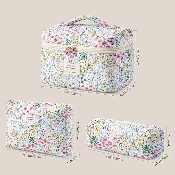 HBselect Quilted Makeup Bag, 3Pcs Cotton Large Travel Makeup Bags Organizer | Cute Floral Make up Bag Cosmetic Bag Toiletry Bag for Women Girls, Makeup Pouch for Skincare, Brushes & Travel Essentials