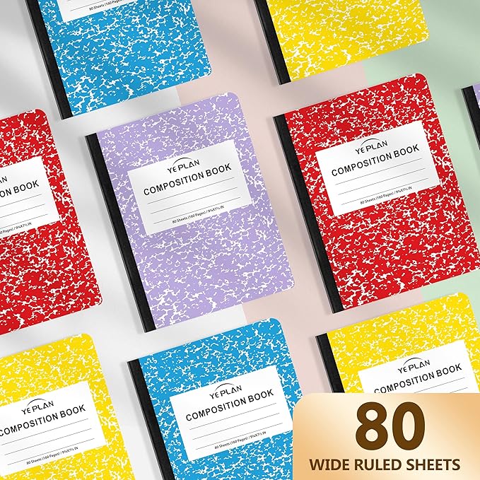 Yeplan Composition Notebooks 4 pack, Wide Ruled Notebook Paper, 9 3/4" x 7 1/2", 80 Sheets/160 Pages, Aesthetic Marble Composition Notebook for School & Office Supplies (4, Assorted Colors)