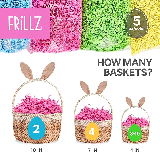 FRILLZ by DECOfill™ Easter Grass Variety Pack - 4 Colors - Crinkle Cut Paper - Basket Filler - Green, Blue, Hot Pink, Yellow- Recycled Material - Non-Toxic Dyes - 25 oz Total - Made with US materials