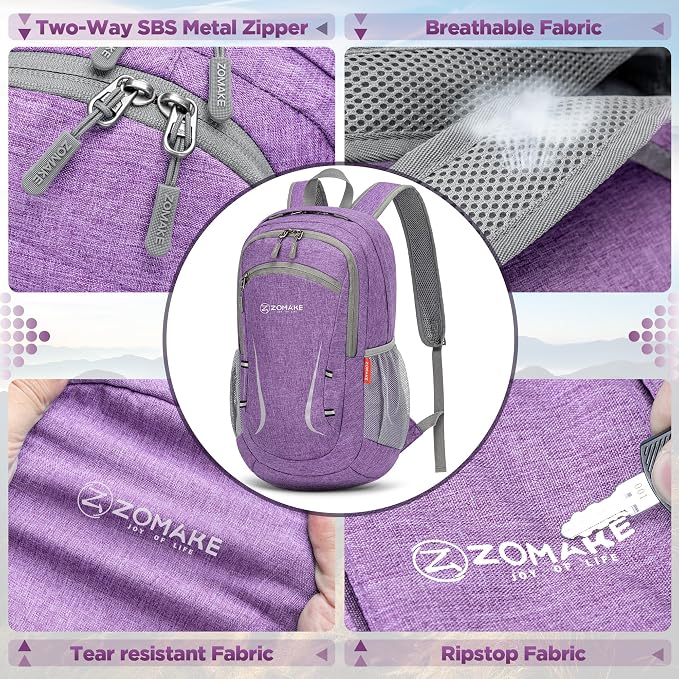 ZOMAKE Lightweight Packable Backpack, 20L Small Foldable Daypack for Hiking | Water Resistant Collapsible Backpacks for Women Men, Everyday Carry, Multi Compartment Storage,Adjustable Strap(Light Purple)