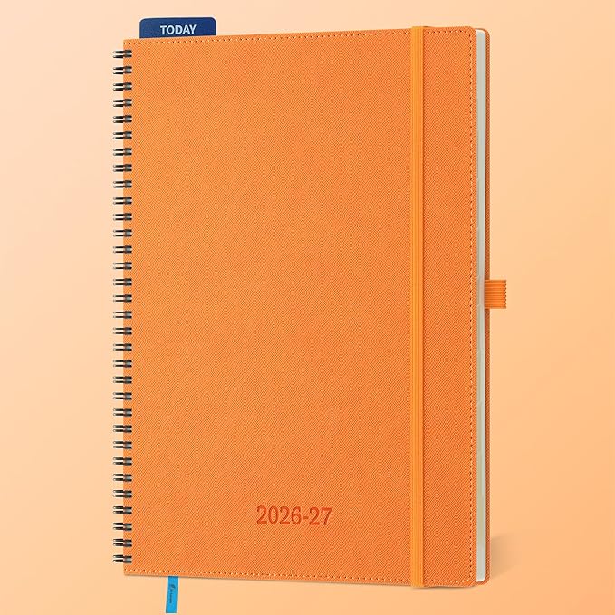 Planner 2026-2027 Daily Weekly and Monthly,11.5"x8.5",18 Months Spiral Bound Calendar Agenda with Self-adhesive Pen Holder,2026 Academic Plan with Vegan Leather Soft Cover,Orange