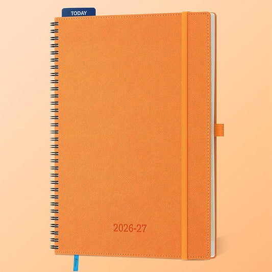 Planner 2026-2027 Daily Weekly and Monthly,11.5"x8.5",18 Months Spiral Bound Calendar Agenda with Self-adhesive Pen Holder,2026 Academic Plan with Vegan Leather Soft Cover,Orange