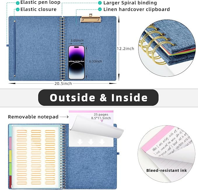 Ospelelf Foldable Spiral Clipboard Folio with Storage Zipper Pouch, 5 Plastic Folders with 10 Pockets, Refillable Lined Notepad (11" x 8.5"), Linen Hardcover Project Organizer(Haze Bule)