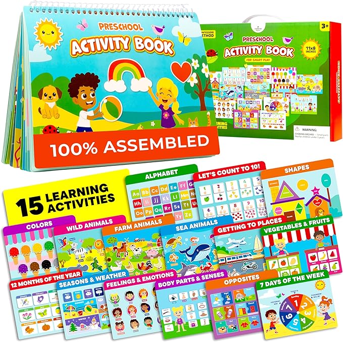 Preschool Activity Book for 3 4 5 Year-Old Kids – 100% Assembled & Ready-to-Use Busy Book for Toddlers 3-5 with 15 Montessori Activities – Educational Learning Toy for 3 Year-Old Girls & Boys