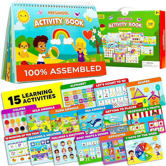 Preschool Activity Book for 3 4 5 Year-Old Kids – 100% Assembled & Ready-to-Use Busy Book for Toddlers 3-5 with 15 Montessori Activities – Educational Learning Toy for 3 Year-Old Girls & Boys