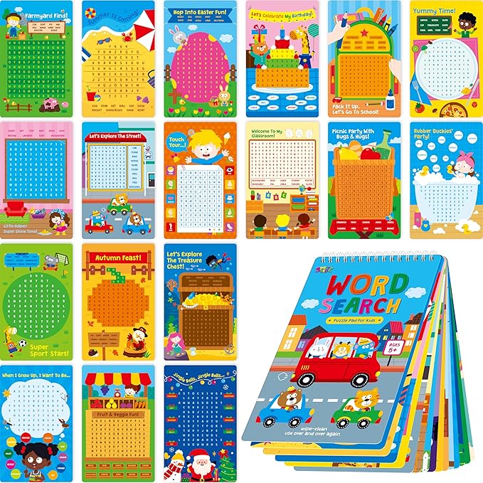SpriteGru Dry Erase Word Search Game Pad, 30 Reusable & Erasable Word Games, Search & Find Puzzles Brain-Boosting Activity Book for Kids, Educational Toy for Road Trip Airplane Travel