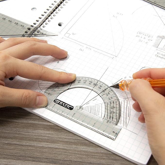 BAZIC Products Math Geometry Set 4 Pieces, Compass, Protractor, Ruler, 2 Triangle Rulers, Plastic Clear Measuring Sets for Students Professional, 2-Packs