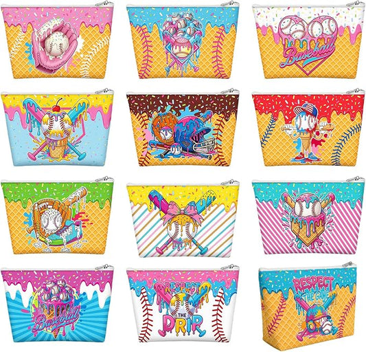 Reginary 12 Pcs Ice Cream Drip Baseball Cosmetic Bags Bulk Ice Cream Drip Snack Goodie Bags Zippered Travel Toiletry Makeup Pouch Gift Accessories for Candy Stuff Team Players Party Supplies
