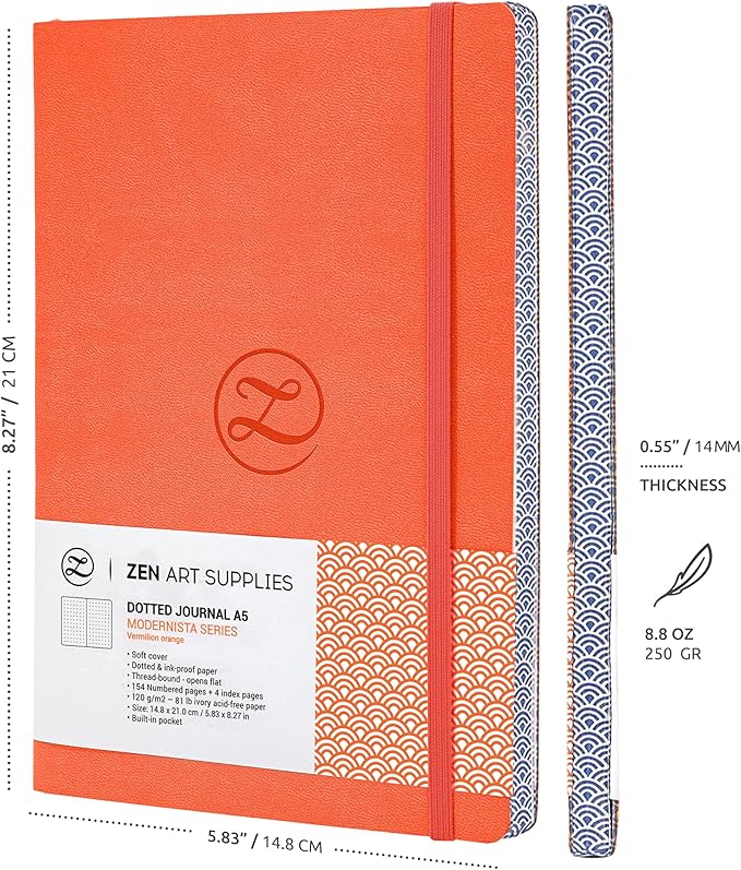 ZenART Supplies A5 Bullet Dotted Journal - Enjoy Bullet Journaling with a Soft Cover, Non-Bleed Thick 120gsm Paper with Japanese Edge Motif - Orange Faux Leather Lay Flat Dot Notebook