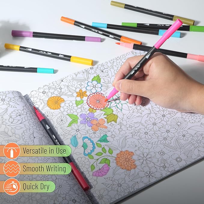 Mr. Pen- Dual Tip Brush Pens, 12 pcs, Assorted Color, Fine & Brush Tip Markers for Adult Coloring Markers for Adults