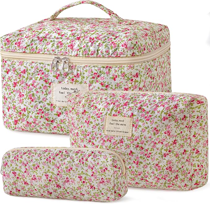 HBselect Quilted Makeup Bag, 3Pcs Cotton Large Travel Makeup Bags Organizer | Cute Floral Make up Bag Cosmetic Bag Toiletry Bag for Women Girls, Makeup Pouch for Skincare, Brushes & Travel Essentials