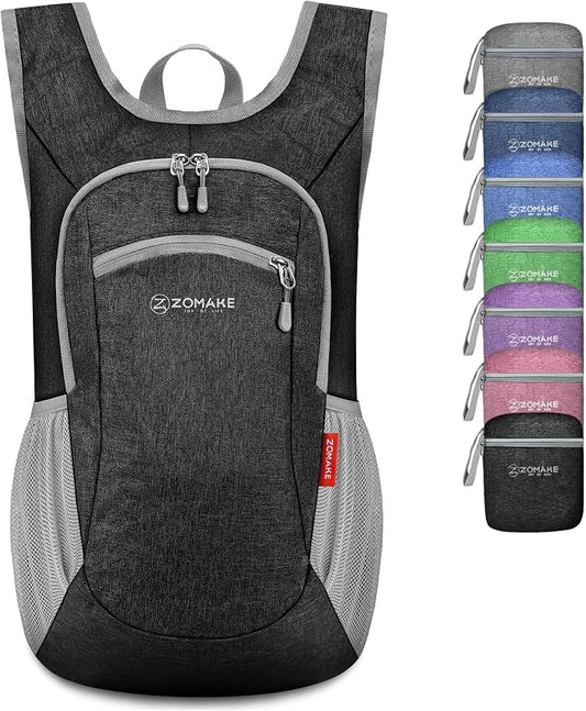 ZOMAKE Lightweight Packable Backpack, 10L Small Foldable Daypack for Hiking | Water Resistant Collapsible Backpacks for Women Men, Everyday Carry, Multi Compartment Storage, Adjustable Strap(Black)