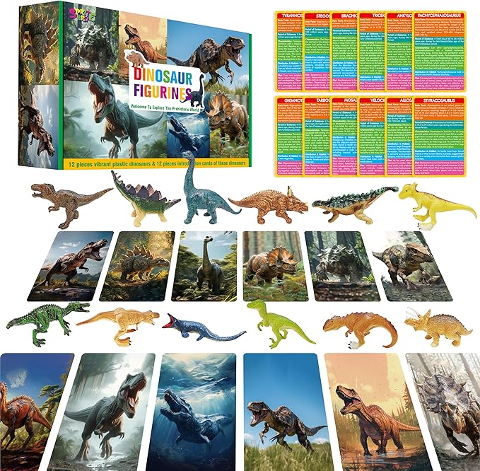 12 PCS Dinosaur Figurines with 12 Introducing Flashcards, Portable Dinosaur Figurines Montessori Toys Science Educational Matching Game for Homeschool Preschool Toddler Kids