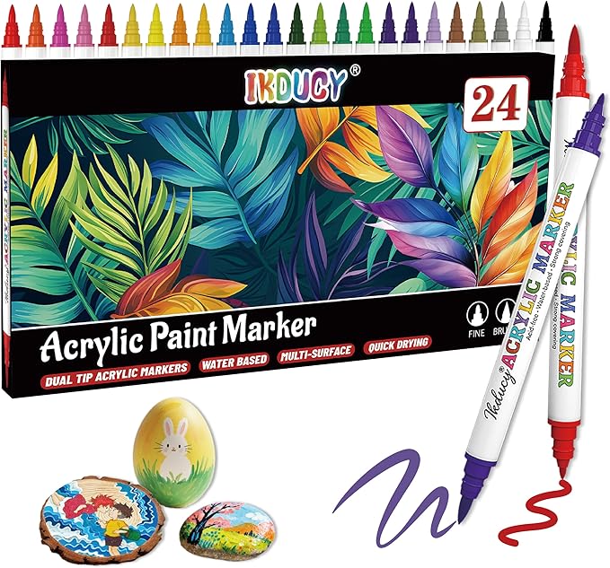 24 Colors Dual Tip Acrylic Paint Markers Set, Fine Tip and Brush Tip