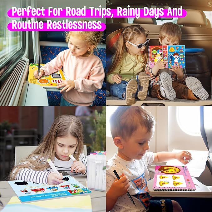 SpriteGru Sticker Activity Pad, 30 Different Scenes & 100+ Reusable Stickers, Dry Erase Brain-Boosting Puzzle Activities Book for Kids, Educational Toy for Road Trip, Airplane & Car Travel