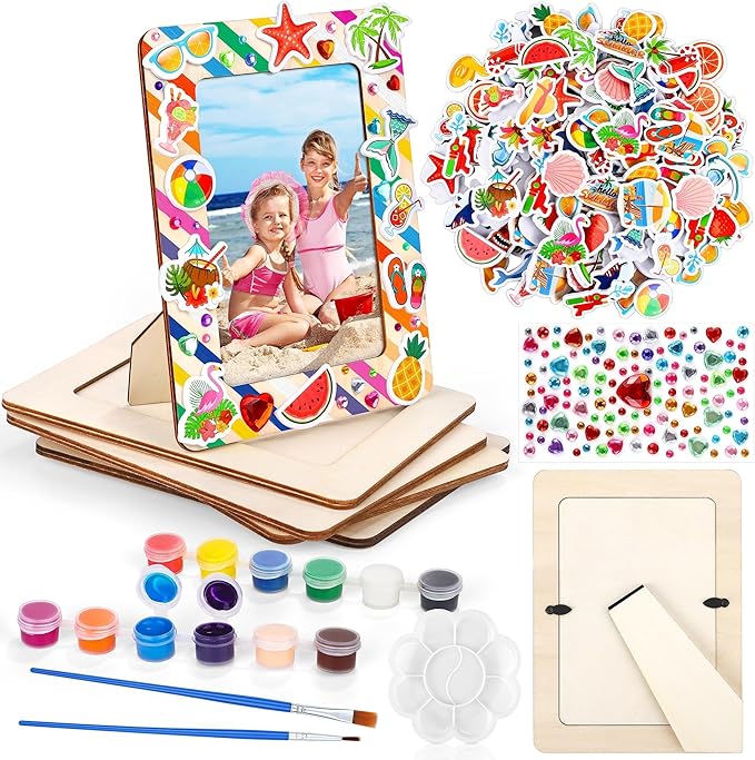 Fovths 24 Packs Summer Picture Frame Painting Craft Kit with 150 Stickers 2 Rhinestone Stickers Painting Tools Set 4 Brushes for DIY Kids Crafts Decorate