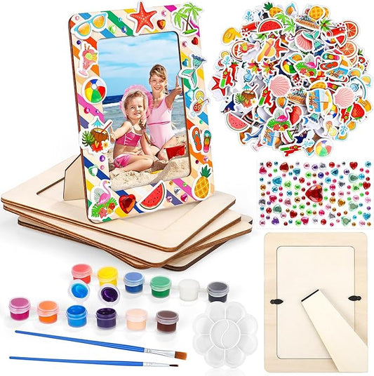 Fovths 24 Packs Summer Picture Frame Painting Craft Kit with 150 Stickers 2 Rhinestone Stickers Painting Tools Set 4 Brushes for DIY Kids Crafts Decorate