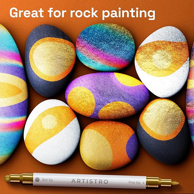 ARTISTRO 12 Metallic Precision Dual-Tip Acrylic Paint Markers – Paint Pens Set with Dot & Fine Tips for Fabric, Rock, Glass, Wood, Coloring Books – Classroom & Art Supplies Teacher Appreciation Gift