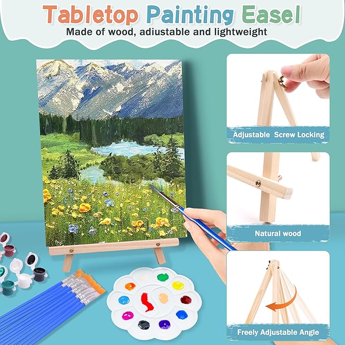 12Pack 8x10 Inch Canvas and Easel Set, Sip and Paint Kit for Adults,Art Canvas Bulk with Easels Stands, Trays,Small Paint Brushes,12 Colors Mini Acrylic Paint Set for Couples,Kids and Party Supplies