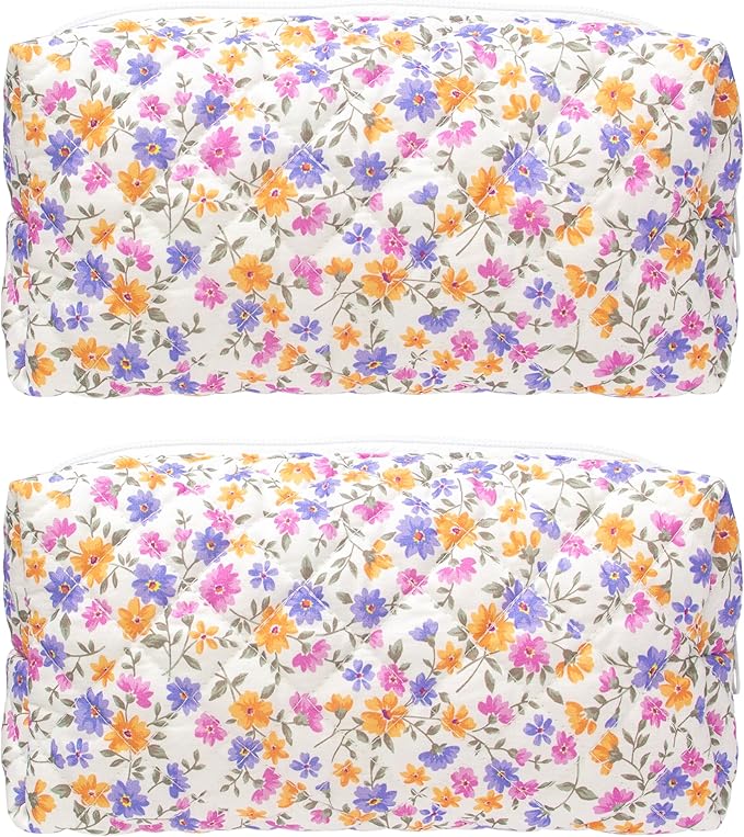 PAZIMIIK 2PCS SET Vintage Quilted Makeup Bag Cosmetic Pouch for Brushes Pencils and Travel Make Up Accessories for Women and Girls,Little flower