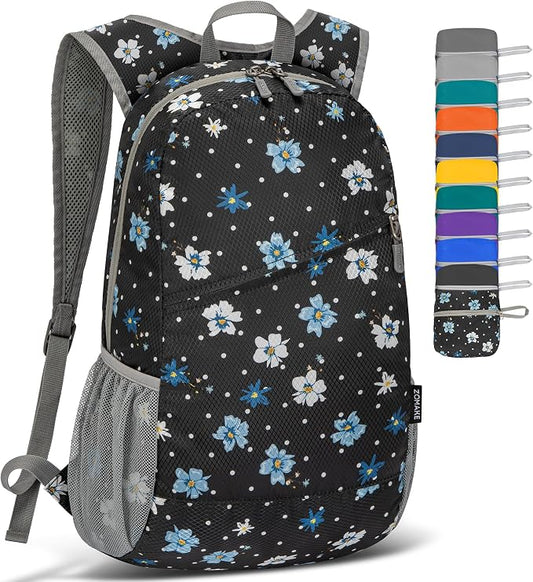 ZOMAKE Lightweight Packable Backpack 20L, Foldable Small Daypack for Hiking | Water Resistant Backpacks Day Bag for Travel Outdoor Camping Sport, Everyday Carry(Black, White Polka Dot Floral)