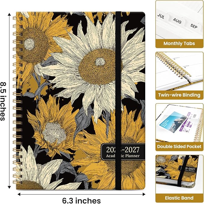 Planner 2026–2027, Academic Monthly Weekly Spiral Calendar, July 2026 – June 2027, Hardcover Agenda Notebook with Tabs, 6.3" x 8.5", Perfect for Students, Teachers, School & Daily Planning - Nocturne Sunflowers