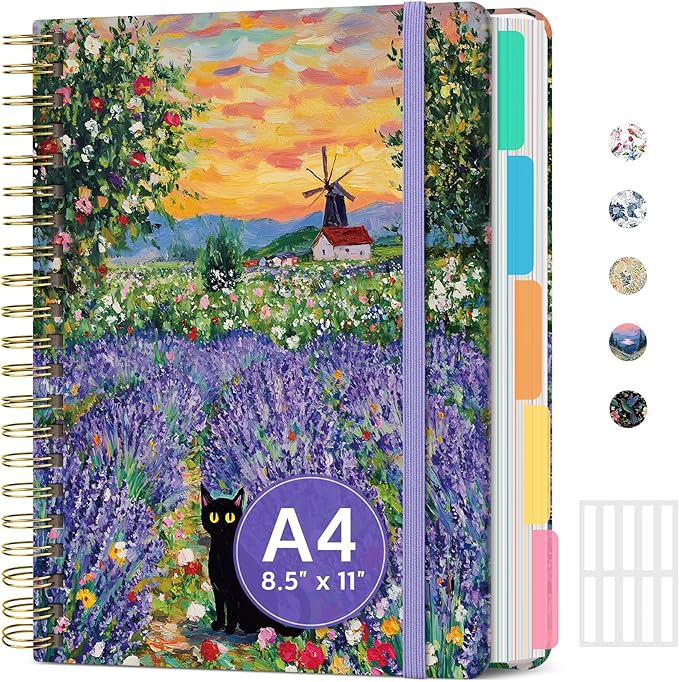Large Lined Spiral Journal for Women Cute Hardcover 5 Subject Notebook for Work 8.5" x 11" with Removable Dividers & Tabs, College Ruled, 280 Pages Aesthetic Journal for Work, School & Note Taking, Lavender Dusk